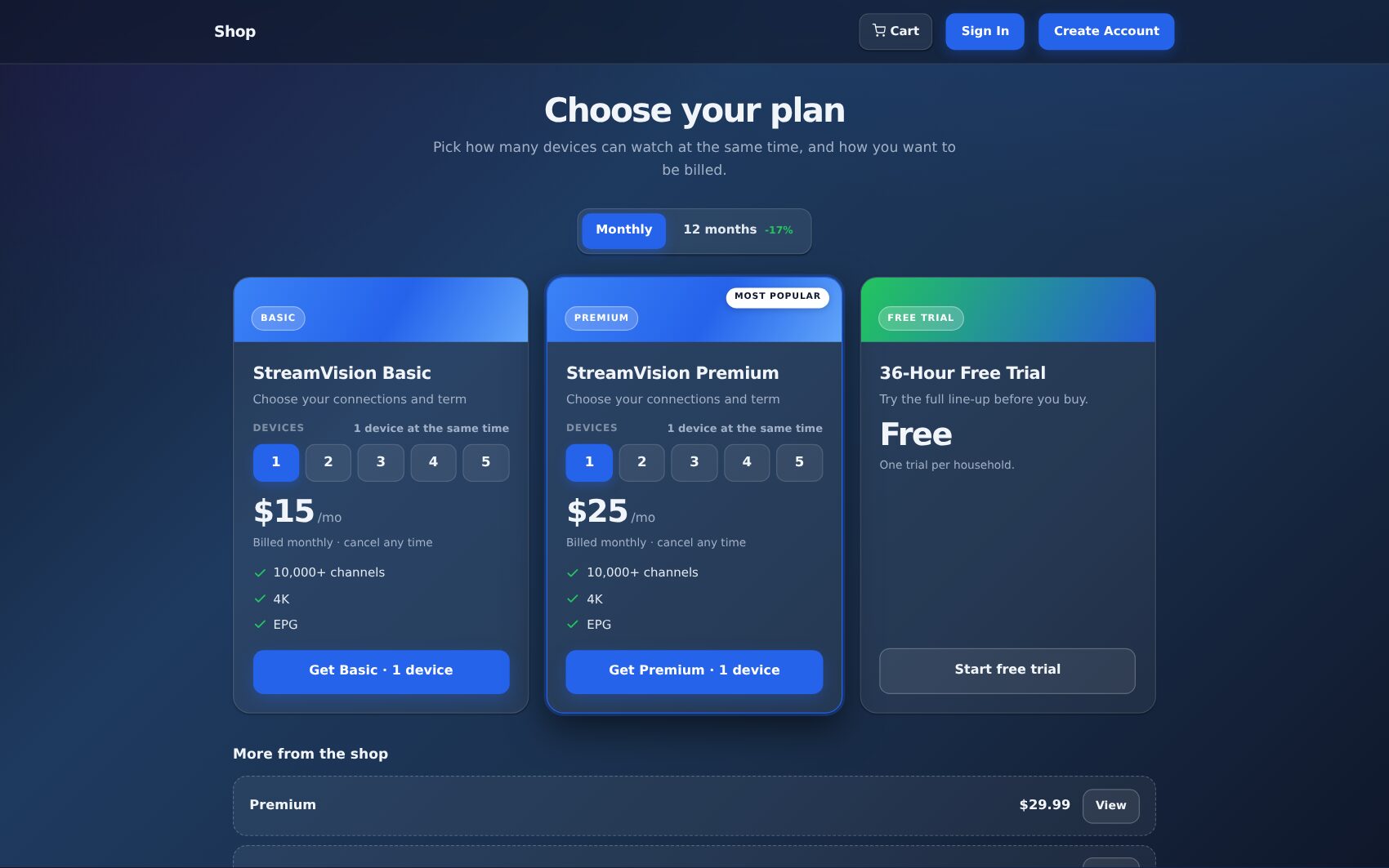 IPTV shop with plan cards